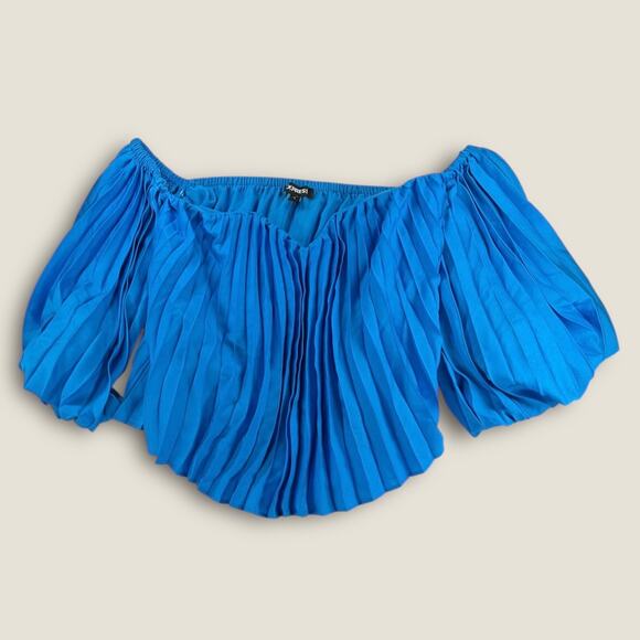 Express Tops - Express Cobalt Blue Off-Shoulder Pleated Peasant Blouse
